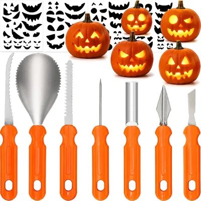 Imagen del producto de Para decorar calabazas de Halloween; incluye 4 hojas de pegatinas. Set de 7 piezas con 32 formas diferentes