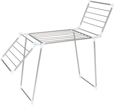 A stainless steel clothes drying rack with adjustable wings, shown against a white background.