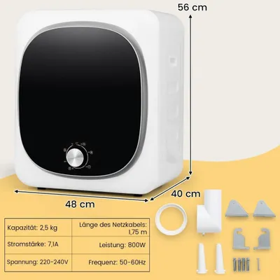 Productafbeelding van Mini droger, 2,5 kg, met 5 programma's, tot 69 graden. Droger met afvoerslang, 800 W