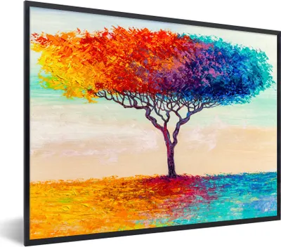 Produktbild von MuchoWow® Gerahmtes Poster Gemälde - Ölfarbe - Baum - Regenbogen 80x60 cm - Poster mit Schwarzem Bilderrahmen Wandposter Rahmen Foto Bilder - Schwarzem - Mit Gestell