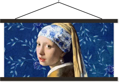 Produktbild von MuchoWow® Textilposter Mädchen mit Perlenohrring - Delfter Blau - Vermeer - Blumen - Gemälde - Alte Meister 90x45 cm mit schwarzem Rahmen - Klemmleisten