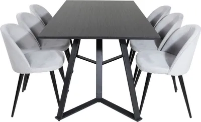 Produktbild von MarinaBLBL Essgruppe Esstisch schwarz und 6 Velvet Esszimmerstühle Samt hellgrau, schwarz.