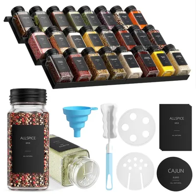 Produktbild von Gewürzregal mit Schublade und Ablage, 24 Gläser à 120 ml, 372 Gewürzetiketten, Gewürzorganizer mit 48 doppelwandigen Filterdeckeln, verstellbar von 30-60 cm, Trichter und Reinigungsbürste.