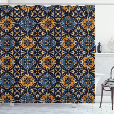 Image de ABAKUHAUS Rideau de douche abstrait, motif folklorique Répétition des formes bohémiennes Motif artistique hachuré, 175 x 240 cm, indigo et multicolore
