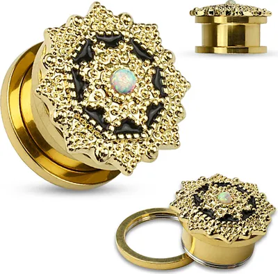 Produktbild von cooler Flesh Tunnel Tribal Ornament Ohr Piercing Chirurgenstahl Screw Fit 14kt gold plattiert 6 mm