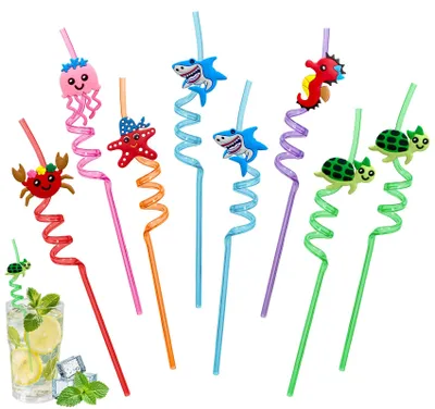 Productafbeelding van Set van 8 herbruikbare kinderdrinkhalers met zeedieren