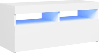 A white TV stand with blue LED lighting.