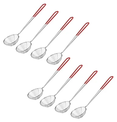 A collection of eight stainless steel skimmers with red handles arranged diagonally on a white background.