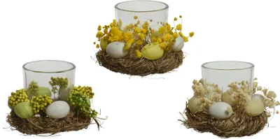 Produktbild von Teelichthalter Glas 10x7,5cm im Osternest 1 Stück sortiert Transparent