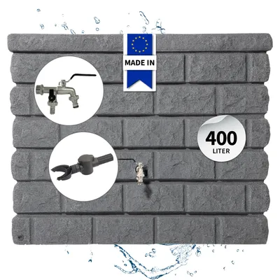 Produktbild von GARANTIA ROCKY Regentonne Wandtank Komplett-Set 400 Liter dark granite inkl. Chrom-Doppelauslaufhahn und Fallrohranschluss