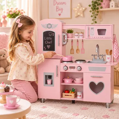 Produktbild von Rijoka Kinderküche aus Holz - Rosa mit Herz - Spielküche mit Mikrowelle, Herd, Spüle - 85x33x89cm