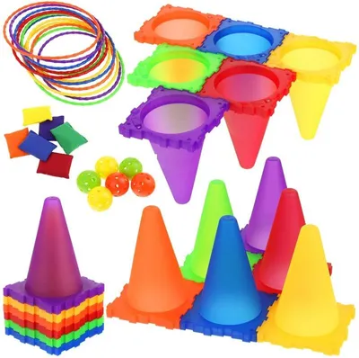 A collection of colorful toys for children's games, including hoops, bean bags, balls, and cones.