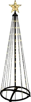 A conical Christmas tree decoration with lights and a star on top, isolated on a white background.