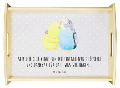 Produktbild von Mr. & Mrs. Panda Tablett Wellensittich Liebe - Grau Pastell - Geschenk, Kuscheln, Dekotablett, Vertrauen, Freundin, betttablett, Verknallt, holz, Serviertablett, für bett