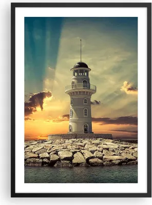 Produktbild von Gerahmtes Poster - Schwarzer Rahmen - Leuchtturm Wasser Meer Steine - 50x70 cm - Wand Bild - Wanddeko - Wandbilder - Wandposter - Bilderrahmen - Bilder - Kunstdruck - Wandbild - P2BPA50x70-2895