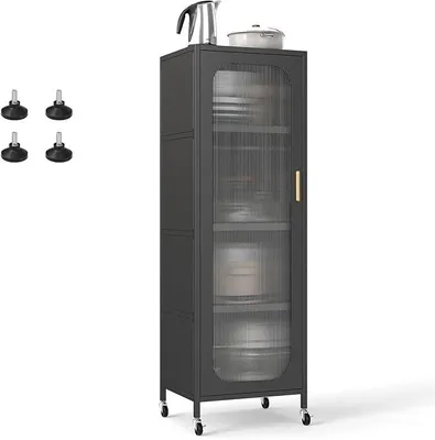 Productafbeelding van Keukenkastje op wielen, buffetkast met 5 niveaus en verstelbare planken, hoge kast met transparante deur, multifunctionele kast voor eetkamer en woonkamer, 45 x 40 x 141 cm (zwart)