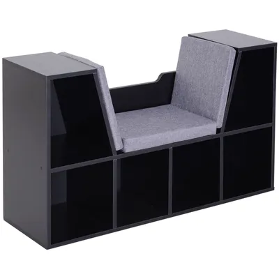 Produktbild von HOMCOM Bücherregal mit Sitzhocker Sitzbank Sitzbänke & -truhen mit 6 Stauräumen für Aufbewahrung Sitzbar mit Kissen Spanplatte Schaumstoff Leinen Schwarz+Grau 102 × 30 × 61 cm