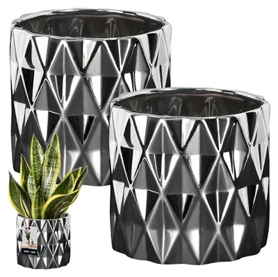Produktbild von ® 2er Set Keramik Blumentopf Übertopf Glasiert Silber Zylindrische Form