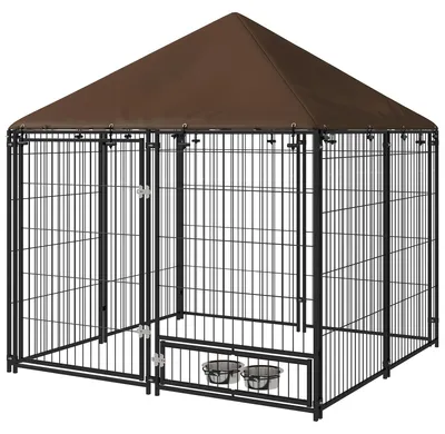 Produktbild von Hundelaufstall aus Metall und Oxford-Gewebe mit Futternapftš¹r, 141 x 141 x 151 cm, Schwarz und Braun