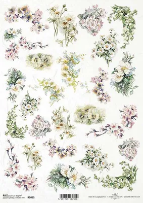 Image de ITD Papier de riz découpage papier de bricolage R2065 Fleurs de fruits, muguet, camomille, myosotis, pensées