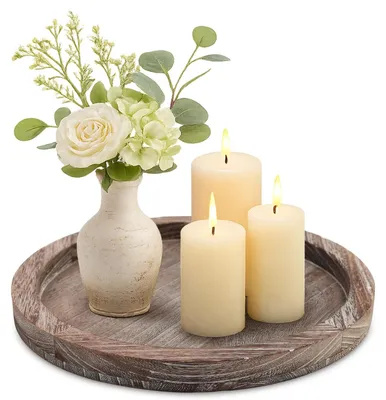 Productafbeelding van Kerzenteller - Rustieke houten schaal, rond - Decoratie voor tafel en woonkamer - Bruin, diameter 20 cm