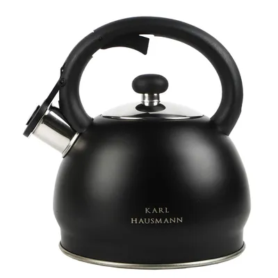 Produktbild von Wasserkessel Edelstahl 1,8L schwarz mit Pfeife – Induktion & Gas geeignet, Teekessel mit Deckel, hitzebeständiger Griff