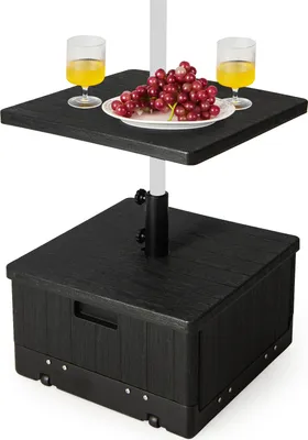 Produktbild von Stojak na parasole COSTWAY 3 w 1 z tacą na stół, kółkami, uchwytem i obciążoną torbą, stojak na parasole 55L/80kg z możliwością napełnienia wodą lub piaskiem