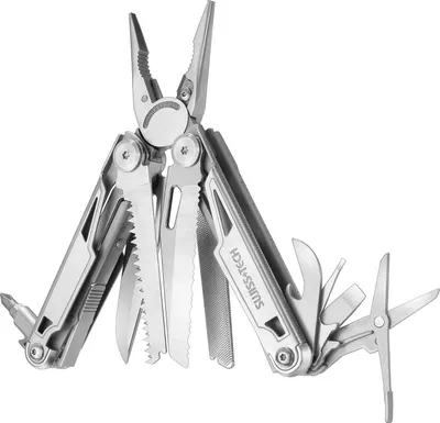 A silver multi-tool is displayed against a white background.