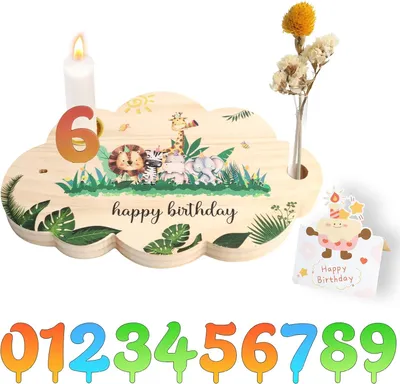 Immagine prodotto di di legno per compleanno con animali della foresta, inclusa una candela, un vaso in plastica e numeri da 0 a 9, decorazioni, regalo di compleanno per ragazzi