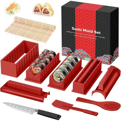 Immagine prodotto di Set per preparare il sushi, 12 pezzi, ideale per principianti, con stampi per rotoli di riso, coltello, stuoia (rosso)