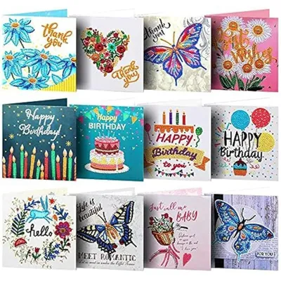 Immagine prodotto di Set di 12 cartoline natalizie e di compleanno con decorazioni in cristalli e strass, ideali per la tecnica del "diamant painting" (pittura con diamanti), un regalo creativo e originale