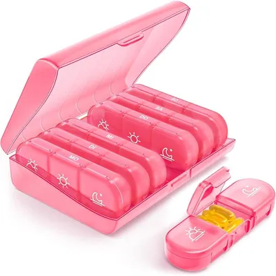 Immagine prodotto di Contenitore portatile rosa per pillole, con 7 scomparti per 3 giorni, dotato di ampi vani per farmaci, vitamine e integratori alimentari, privo di BPA