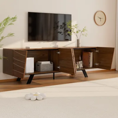 Image de OKWISH Meuble TV - Meuble TV 160x39x50.5 cm avec Portes Ondulées et Rangement Intégré, Étagères Pratiques pour Salon, Pieds Métal Noir, Noyer