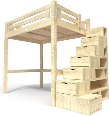 Produktbild von Hochbett in holz 160x200 Alpage mit treppenregal - Roh (ohne Lack)