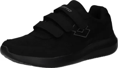 A studio shot of a black Lotto sneaker with two velcro straps.