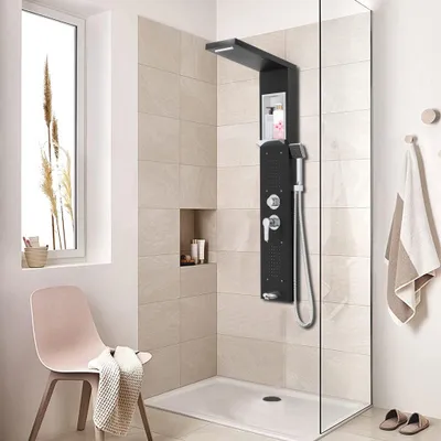 Produktbild von YZNAHRE Duschpaneel mit Armatur, 5 in 1 Edelstahl Duschsystem Duschsäule Regendusche Wasserfalldusche Massagedüsen Handbrause Wanneneinlauf Duscharmatur Komplettset, Schwarz