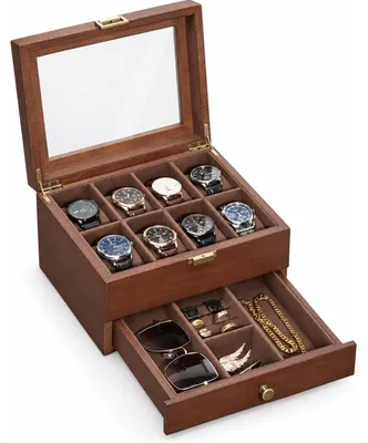Image de Boîte à montres - Bois massif - 8 compartiments - 2 niveaux - 25 x 20 x 13,5 cm - Marron