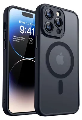 A black iPhone case with a transparent back is shown, displaying the Apple logo and MagSafe ring. An iPhone is partially visible on the left.