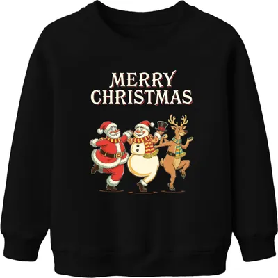 Produktbild von MERRY CHRISTMAS Weihnachtsmann Schneemann Rentier tanzend Vintage Uni Kinder Sweatshirt Pullover, Schwarz, 104