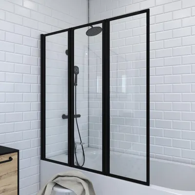Immagine prodotto di Schermo pieghevole per vasca da bagno MARWELL schermo doccia Triple Black 3 pezzi 125 x 143 cm - schermo doccia pieghevole per vasca da bagno in nero opaco - vetro di sicurezza da 4 mm