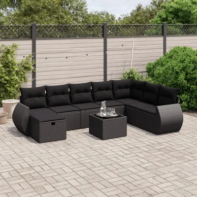 Produktbild von Schwarz 9-tlg. Garten-Sofagarnitur mit Kissen Schwarz Poly Rattan ,Design 2024 Neu