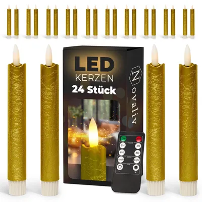 Zdjęcie produktu dla Świece LED, 12 sztuk, z prawdziwego wosku, kolor złoty, z funkcją timera (6 godzin), wysokość 18 cm, średnica 2,2 cm. Wymagane 2 baterie AAA. Zestaw 4 świec LED, kolor złoty (sześć sztuk), z ruchomą płomieniem