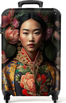 Produktbild von NoBoringSuitcases.com® Kufr Příruční zavazadlo na kolečkách Malý cestovní kufr na 4 kolečkách - Žena - Asiatka - Kimono - Květiny - Portrét - Příruční velikost < 55x40x23 cm a 55x40x20 cm - Foto kufr - Příruční kufr - Palubní zavazadloKufr na ruční zavazadla 55x35x20 cm, 36L,