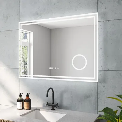 Produktbild von LED Spiegel mit Uhr und Kosmetikspiegel für Bad 100x70cm ESSENS Typ D | Kosmetikspiegel Digital Uhr Touch Sensor Dimmbar Spiegelheizung Kaltweiß 6400K