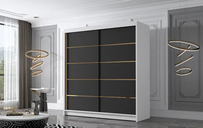 Produktbild von Schwebetürenschrank 2-türig Schrank 180 cm mit Regalen Moderne Kleiderschrank  Garderobe für Kleidung  Modell BESTY IV WEISS/SCHWARZ
