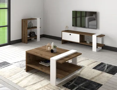 Produktbild von Skye Decor, Gaye - Walnut, White, Wohnzimmermöbel-Set, Nussbaum, 100 % MELAMINBESCHICHTETE SPANPLATTEN, 120 x 25 x 36,8 cm