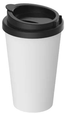 Zdjęcie produktu dla PremiumPlus Coffee Mug 350 ml - Dwuścienny plastikowy kubek do kawy z pokrywką, wyprodukowany w Niemczech, do podróży - biały/czarny