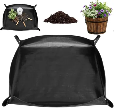 Produktbild von Faltbare Pflanzmatte 100 x 100 cm, wasserdichte schwarze Gartenmatte als große Umtopfunterlage für Umpflanzen, Sämlinge, Bodenwechsel und Beschneiden
