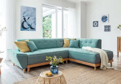 Produktbild von MIUFORM Dazzling Daisy - Ecksofa mit Bettfunktion und Bettkasten L-FORM RECHTS - 253x190cm - Türkis - Sofa Schlafsofa Couch