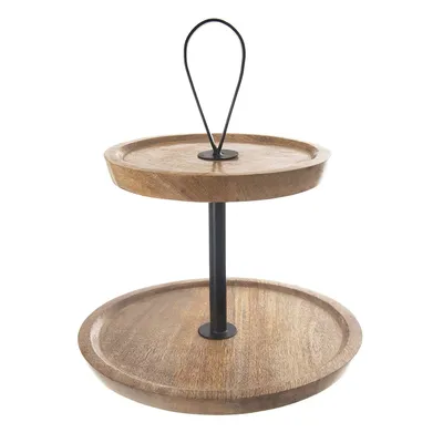 A two-tiered serving tray made of wood and metal.